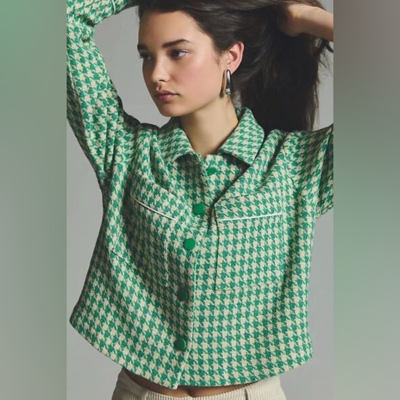 Anthropologie Dolan green and cream cropped houndstooth blazer - Picture 3 of 12